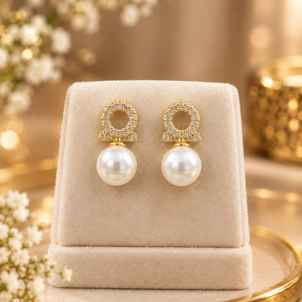 Women’s Gold-Tone Crystal Studded Pearl Drop Earrings for Office & Party Wear