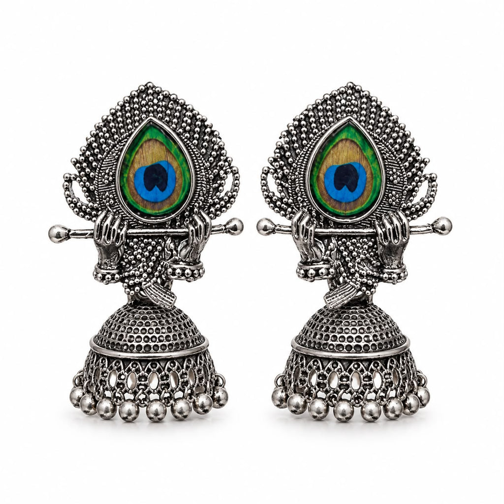 Oxidized Silver Krishna Peacock Feather Jhumka Earrings