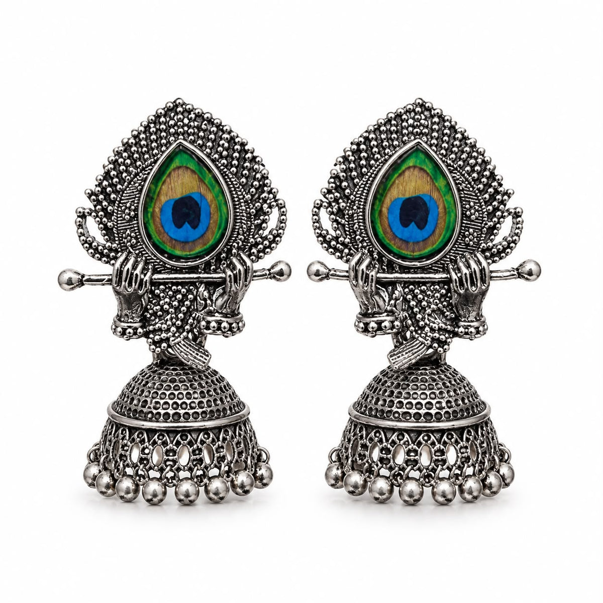 Oxidized Silver Krishna Peacock Feather Jhumka Earrings