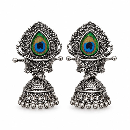 Oxidized Silver Krishna Peacock Feather Jhumka Earrings