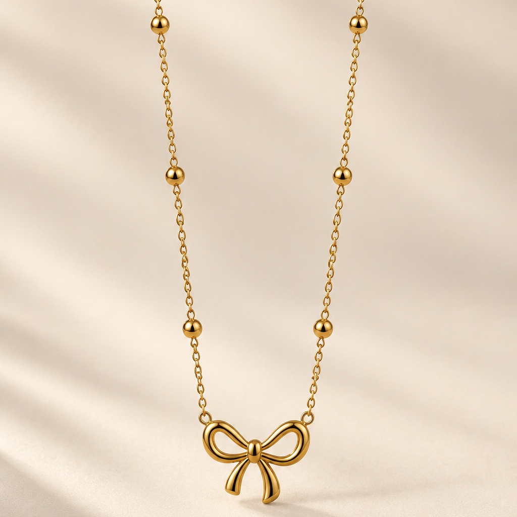 Gold-Plated Stainless Steel Bow Pendant Necklace – Minimalist Anti-Tarnish Jewellery for Women