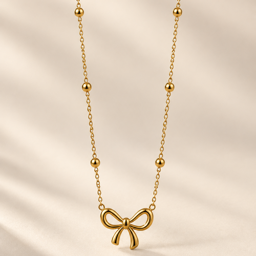 Gold-Plated Stainless Steel Bow Pendant Necklace – Minimalist Anti-Tarnish Jewellery for Women