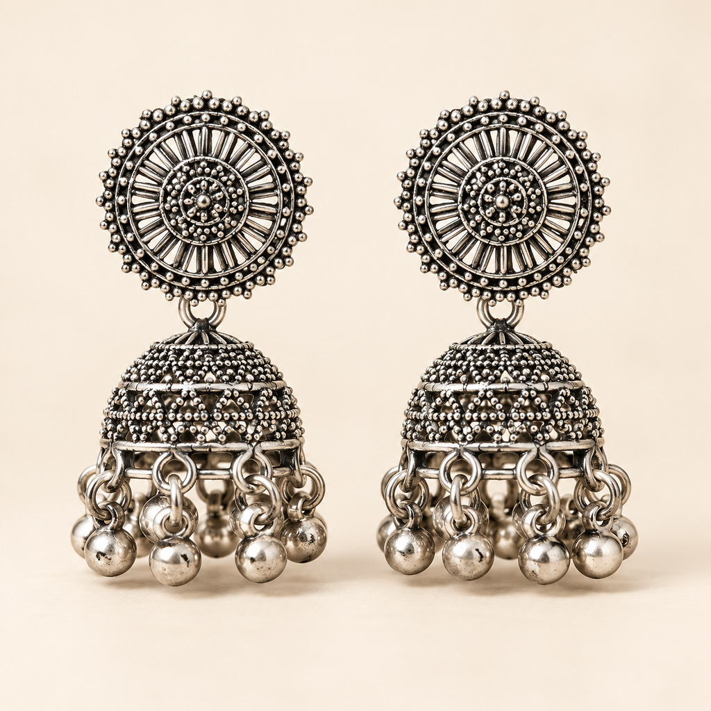 Vintage Oxidised Silver Jhumka Earrings for Women – Traditional Floral Design