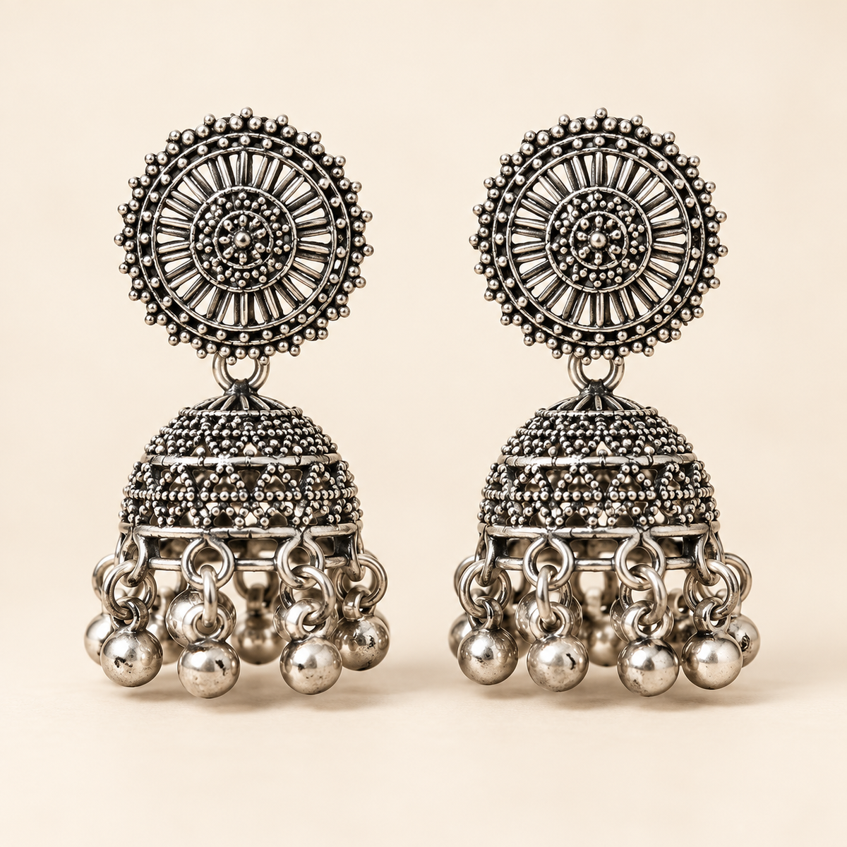 Vintage Oxidised Silver Jhumka Earrings for Women – Traditional Floral Design