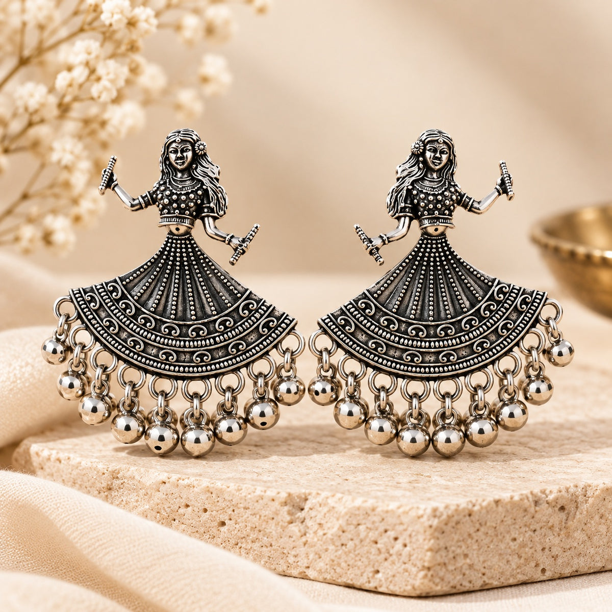 Oxidised Silver Tribal Dancing Girl Earrings with Ghungroo