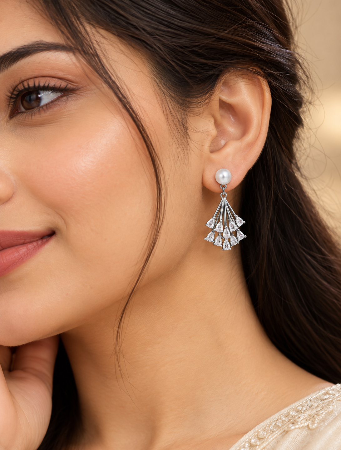 Silver-Plated American Diamond Cluster Drop Earrings with Pearl Studs