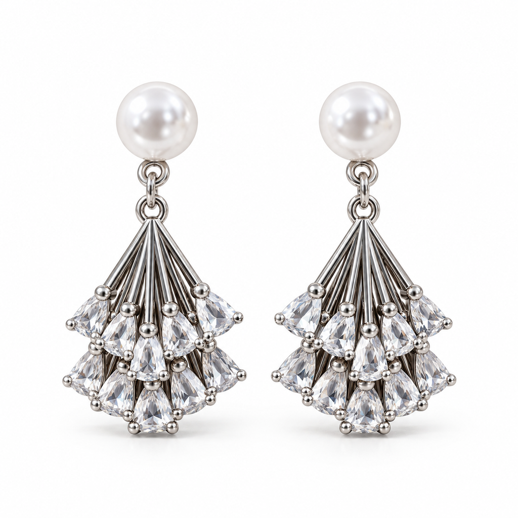 Silver-Plated American Diamond Cluster Drop Earrings with Pearl Studs