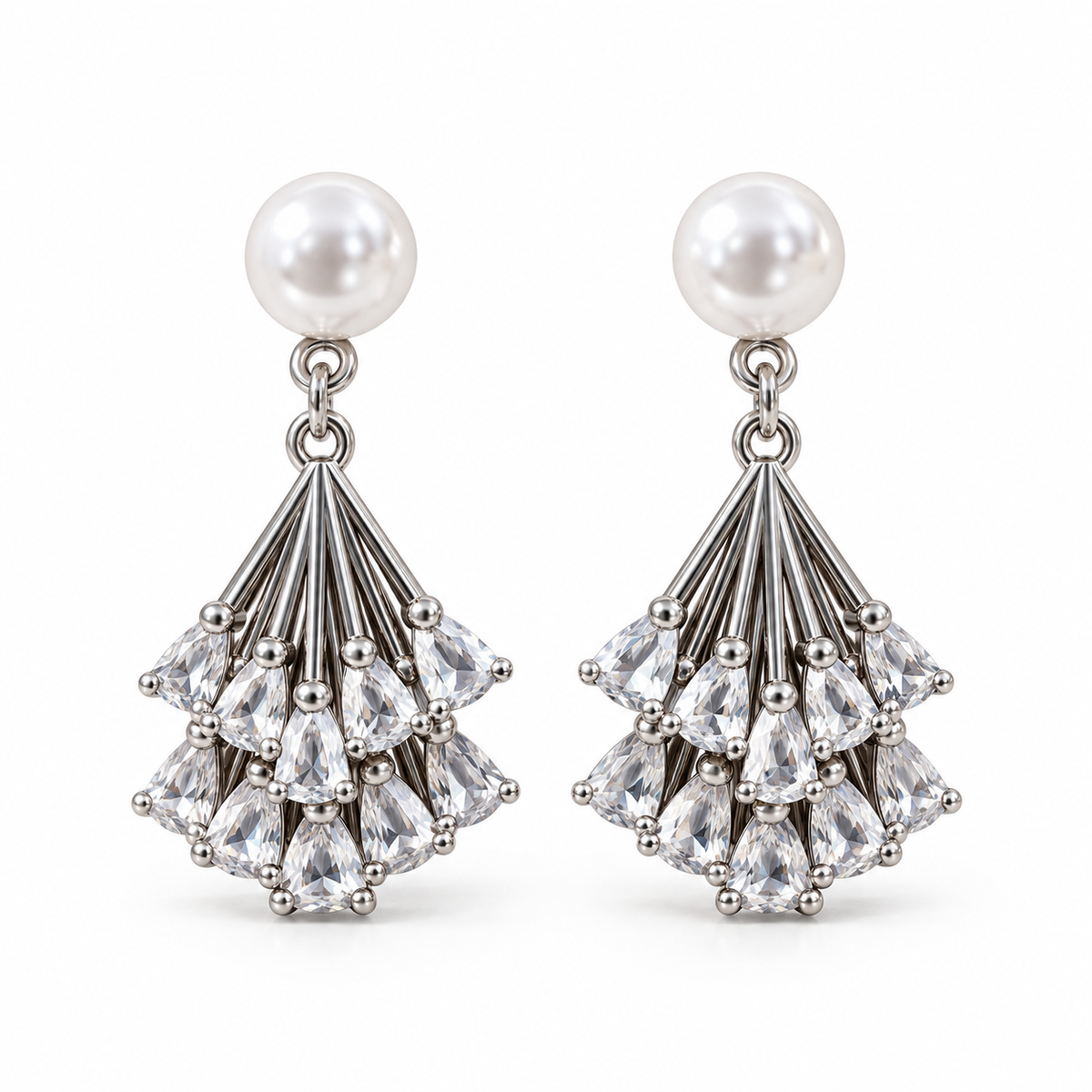Silver-Plated American Diamond Cluster Drop Earrings with Pearl Studs