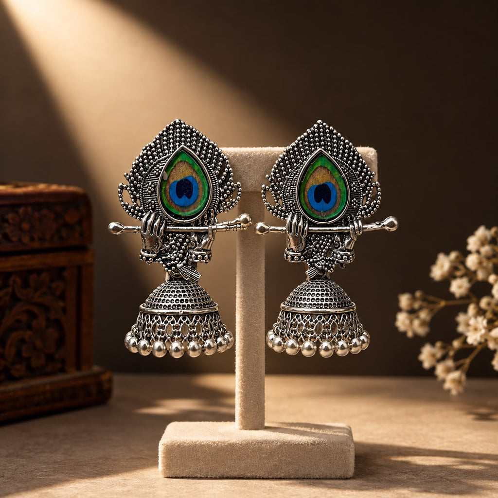 Oxidized Silver Krishna Peacock Feather Jhumka Earrings