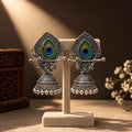 Oxidized Silver Krishna Peacock Feather Jhumka Earrings