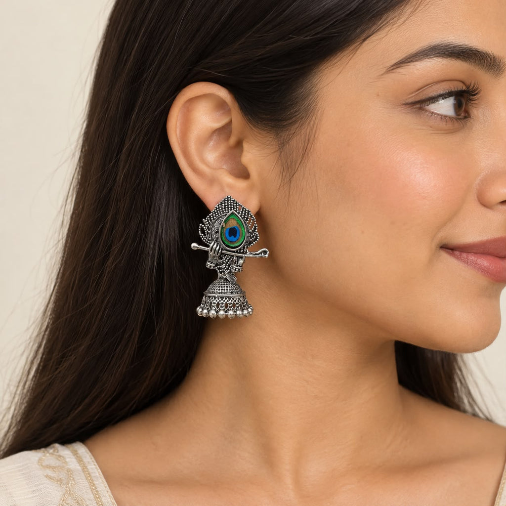 Oxidized Silver Krishna Peacock Feather Jhumka Earrings