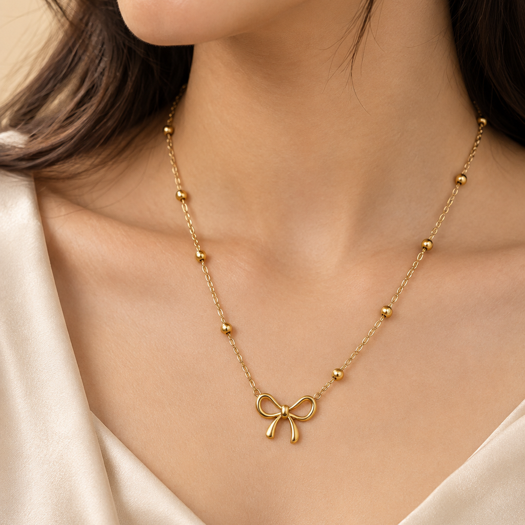 Gold-Plated Stainless Steel Bow Pendant Necklace – Minimalist Anti-Tarnish Jewellery for Women